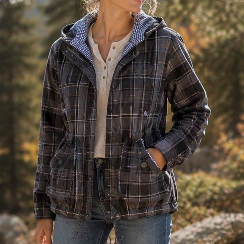 Free People We The Free Grey Plaid Hooded Windbreaker Jacket Gingham Large X6